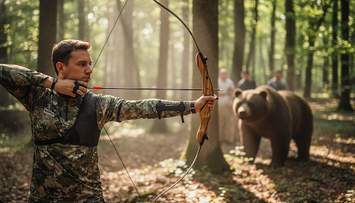An archer shooting at a life-sized animal model in woodland